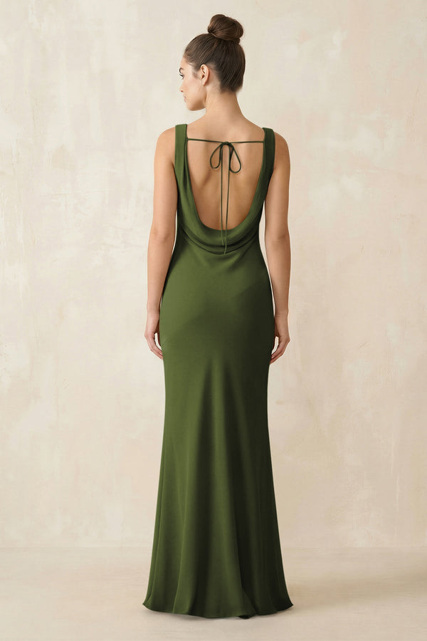Cowl Neck Sheath Chiffon Bridesmaid Dress in Olive - KISS BRIDAL Bridesmaid Dresses