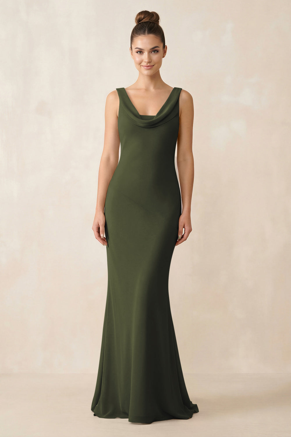 Cowl Neck Sheath Chiffon Bridesmaid Dress in Olive