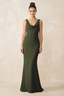 Cowl Neck Sheath Chiffon Bridesmaid Dress in Olive | KISSBRIDAL