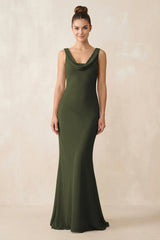 Cowl Neck Sheath Chiffon Bridesmaid Dress in Olive | KISSBRIDAL