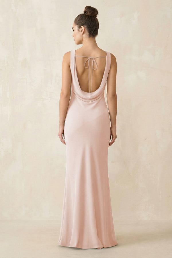Cowl Neck Sheath Chiffon Bridesmaid Dress in Pale Blush - KISS BRIDAL Bridesmaid Dresses