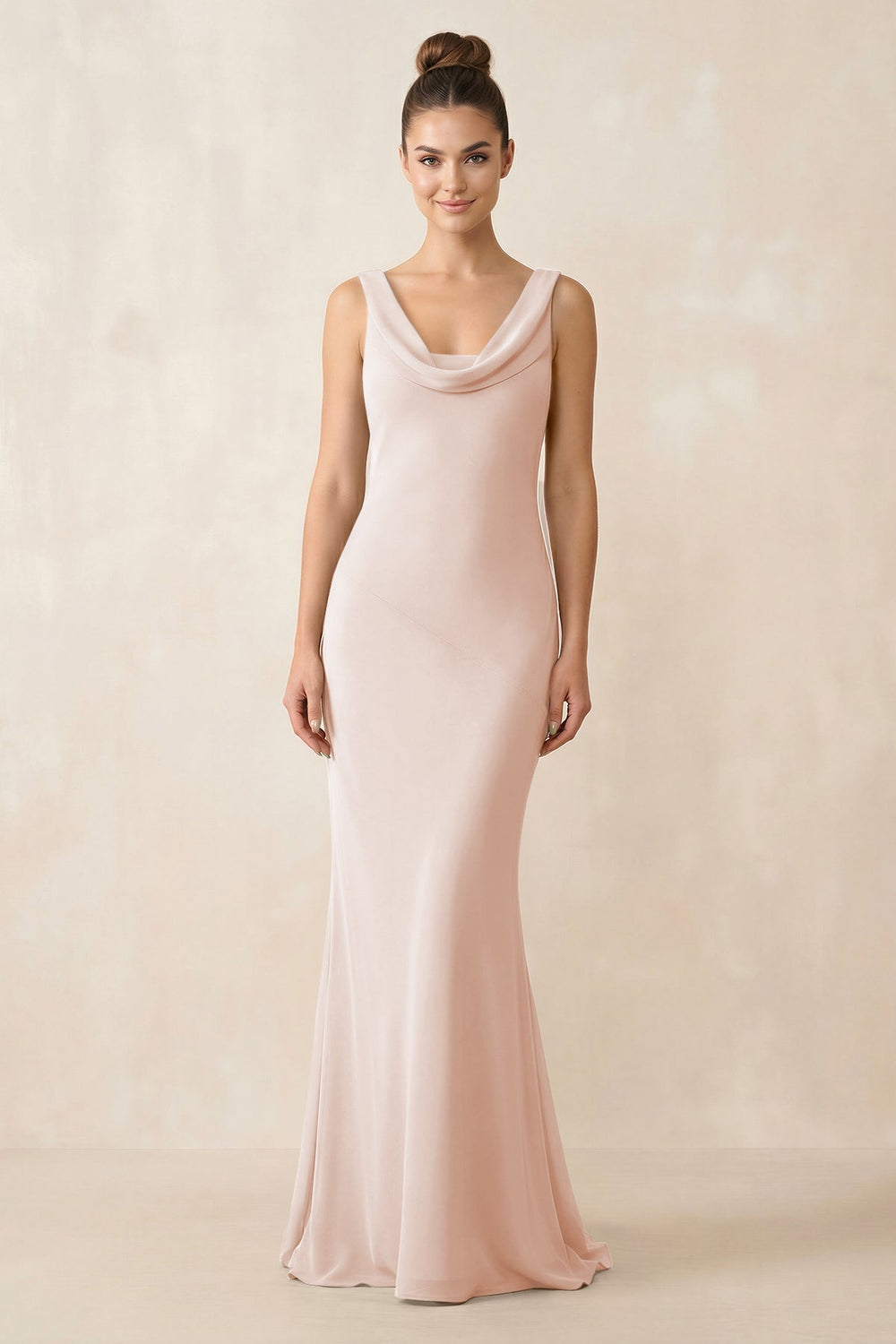 Cowl Neck Sheath Chiffon Bridesmaid Dress in Pale Blush - KISS BRIDAL Bridesmaid Dresses
