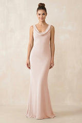 Cowl Neck Sheath Chiffon Bridesmaid Dress in Pale Blush - KISS BRIDAL Bridesmaid Dresses