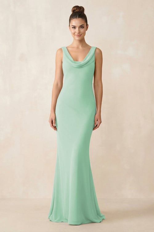 Cowl Neck Sheath Chiffon Bridesmaid Dress in Pale Pistachio - KISS BRIDAL Bridesmaid Dresses