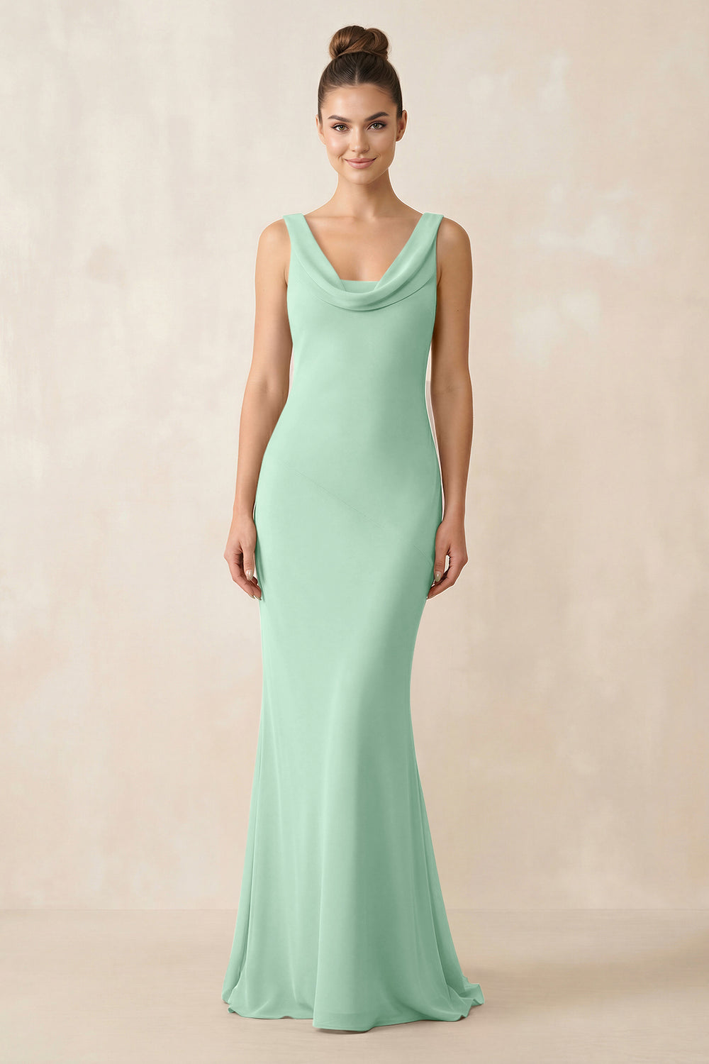 Cowl Neck Sheath Chiffon Bridesmaid Dress in Pale Pistachio