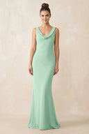 Cowl Neck Sheath Chiffon Bridesmaid Dress in Pale Pistachio | KISSBRIDAL