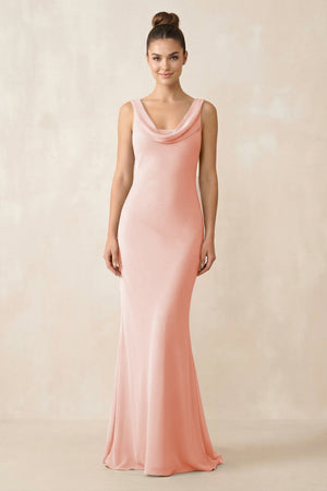 Cowl Neck Sheath Chiffon Bridesmaid Dress in Rose Petal - KISS BRIDAL Bridesmaid Dresses