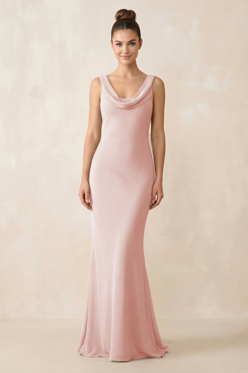 Cowl Neck Sheath Chiffon Bridesmaid Dress in Rose Petal