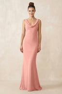 Cowl Neck Sheath Chiffon Bridesmaid Dress in Rosette | KISSBRIDAL