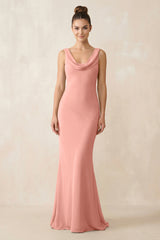 Cowl Neck Sheath Chiffon Bridesmaid Dress in Rosette | KISSBRIDAL