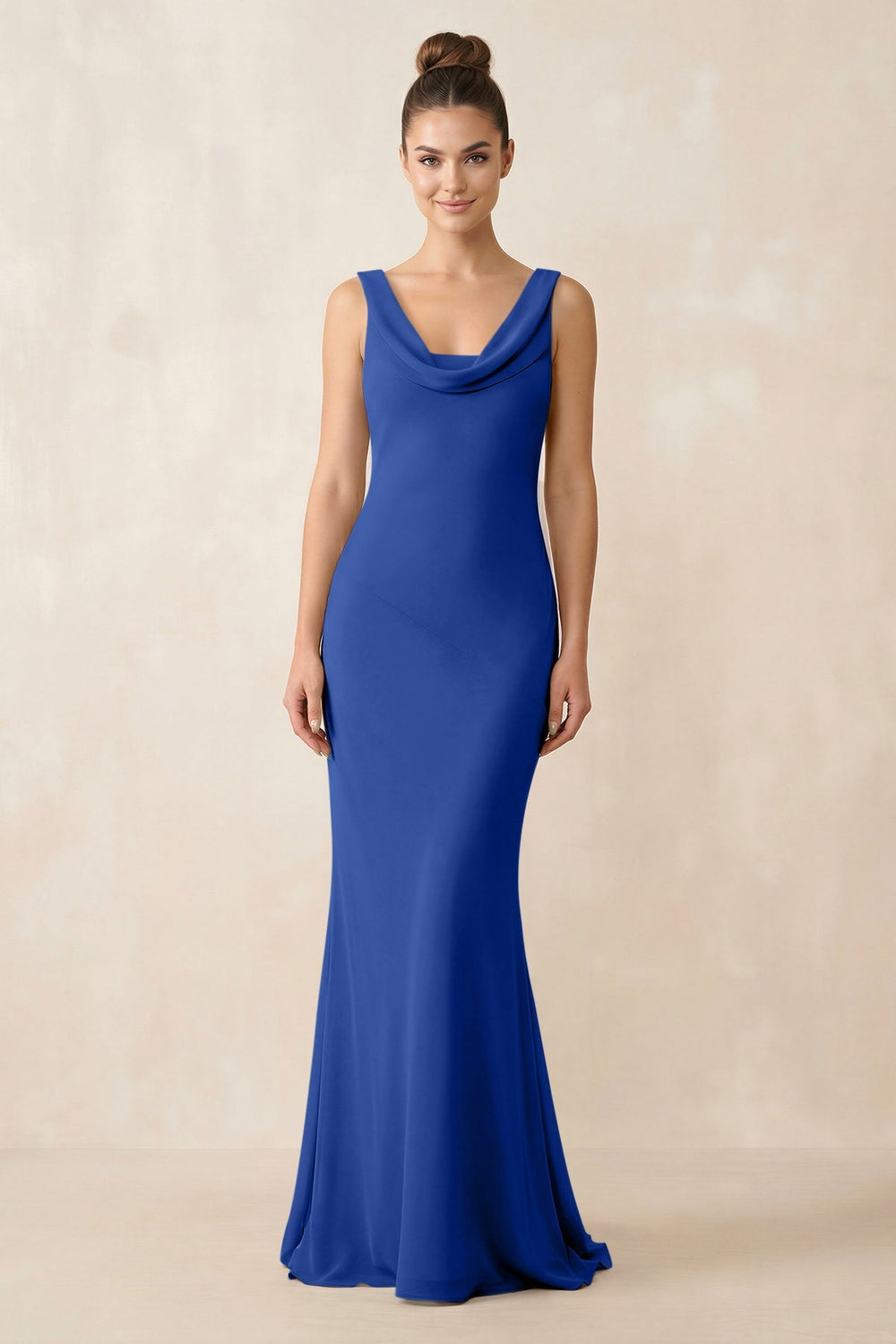 Cowl Neck Sheath Chiffon Bridesmaid Dress in Royal Blue - KISS BRIDAL Bridesmaid Dresses