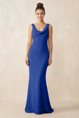 Cowl Neck Sheath Chiffon Bridesmaid Dress in Royal Blue - KISS BRIDAL Bridesmaid Dresses