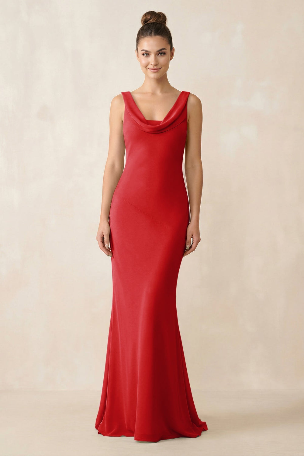 Cowl Neck Sheath Chiffon Bridesmaid Dress in Ruby Red - KISS BRIDAL Bridesmaid Dresses