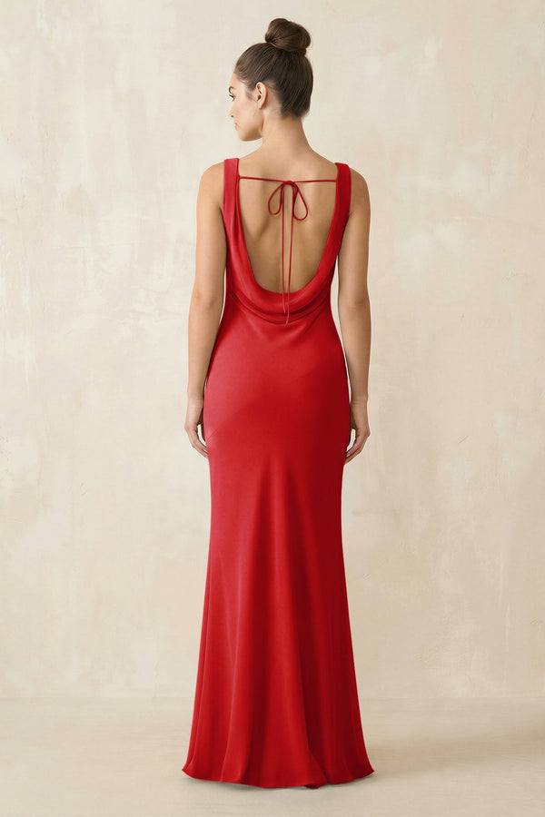 Cowl Neck Sheath Chiffon Bridesmaid Dress in Ruby Red - KISS BRIDAL Bridesmaid Dresses