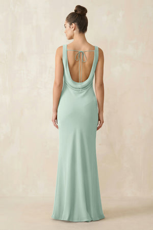 Cowl Neck Sheath Chiffon Bridesmaid Dress in Sage (2) | KISSBRIDAL