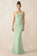Cowl Neck Sheath Chiffon Bridesmaid Dress in Sage - KISS BRIDAL Bridesmaid Dresses