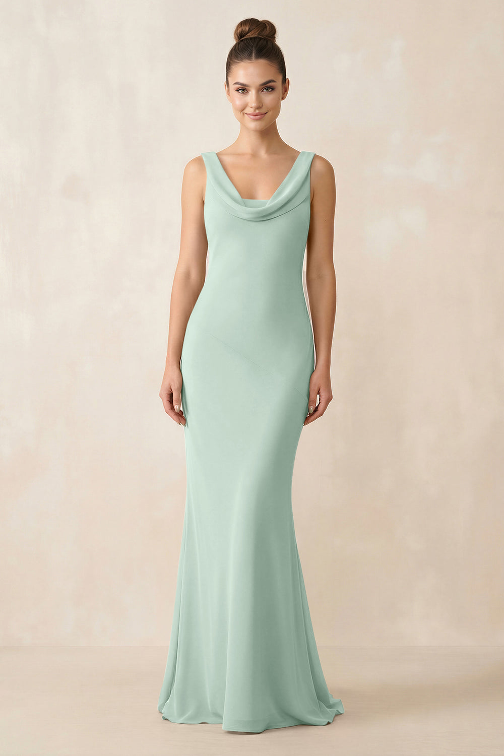 Cowl Neck Sheath Chiffon Bridesmaid Dress in Sage