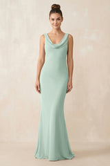 Cowl Neck Sheath Chiffon Bridesmaid Dress in Sage | KISSBRIDAL