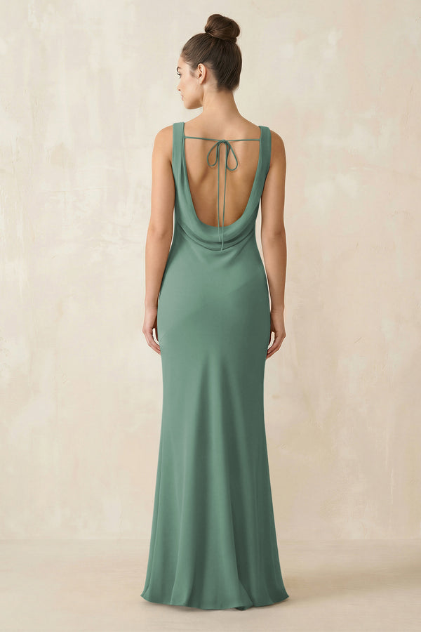 Cowl Neck Sheath Chiffon Bridesmaid Dress in Sea Glass (2) | KISSBRIDAL