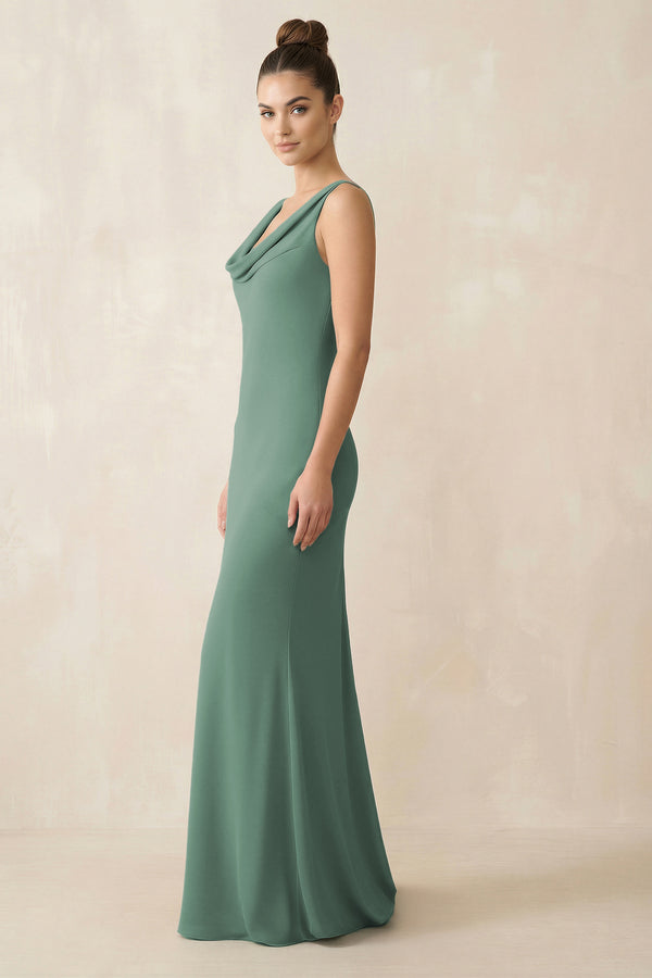 Cowl Neck Sheath Chiffon Bridesmaid Dress in Sea Glass (3) | KISSBRIDAL