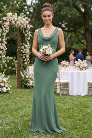 Cowl Neck Sheath Chiffon Bridesmaid Dress in Sea Glass (4) | KISSBRIDAL