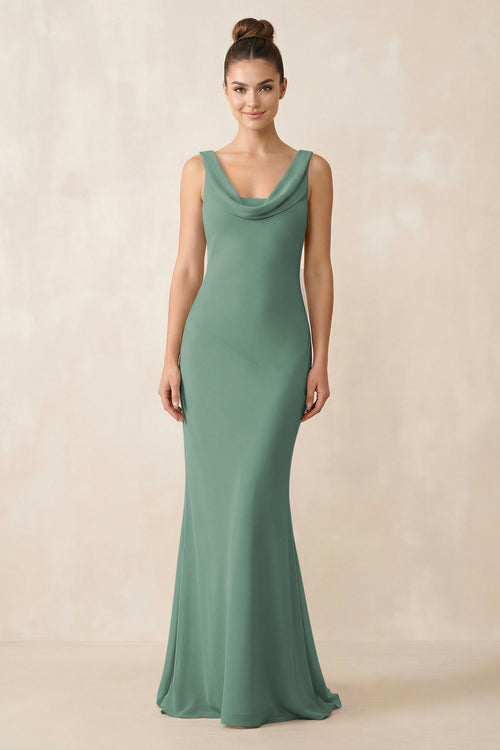 Cowl Neck Sheath Chiffon Bridesmaid Dress in Sea Glass | KISSBRIDAL