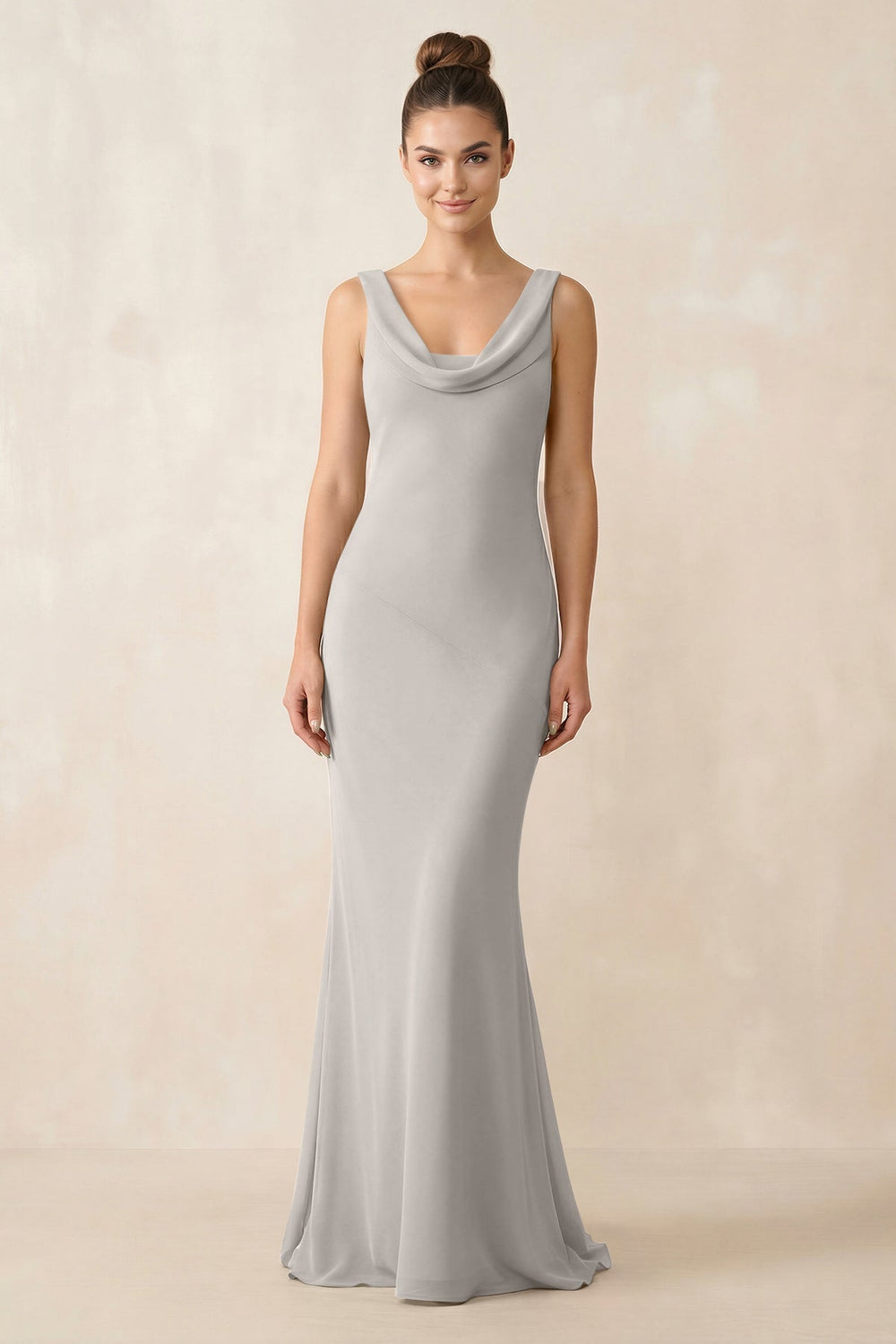 Cowl Neck Sheath Chiffon Bridesmaid Dress in Silver - KISS BRIDAL Bridesmaid Dresses