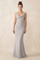 Cowl Neck Sheath Chiffon Bridesmaid Dress in Silver - KISS BRIDAL Bridesmaid Dresses
