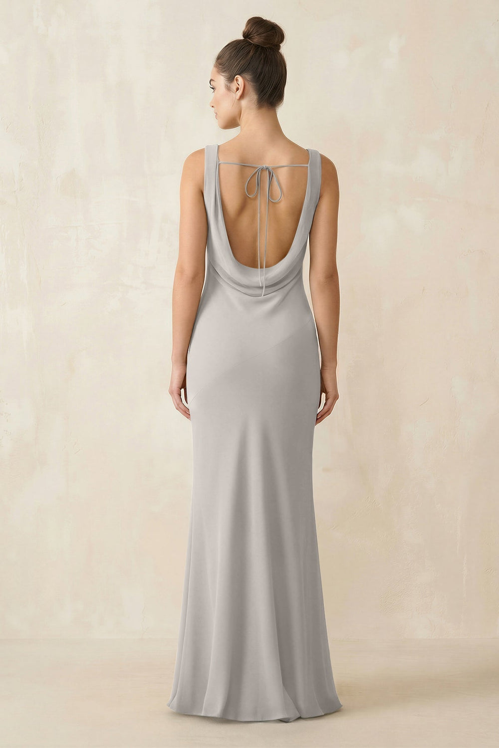Cowl Neck Sheath Chiffon Bridesmaid Dress in Silver - KISS BRIDAL Bridesmaid Dresses
