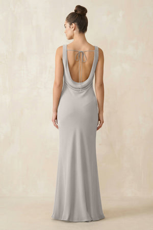 Cowl Neck Sheath Chiffon Bridesmaid Dress in Silver - KISS BRIDAL Bridesmaid Dresses