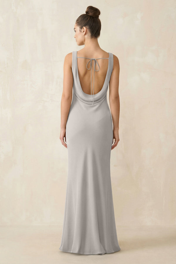 Cowl Neck Sheath Chiffon Bridesmaid Dress in Silver - KISS BRIDAL Bridesmaid Dresses