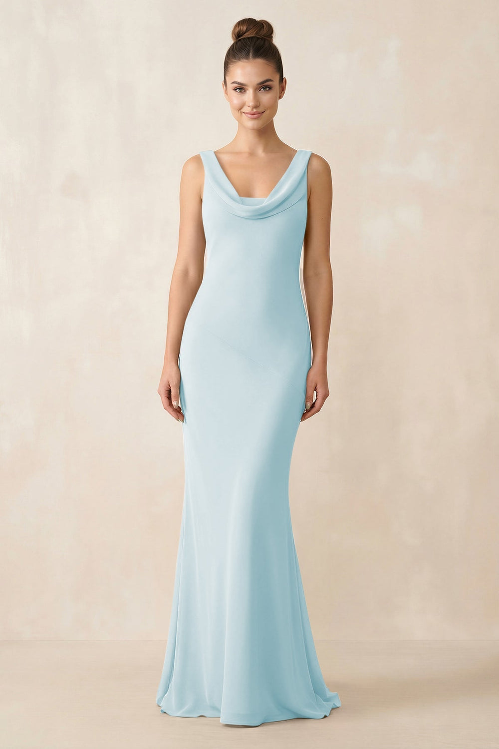 Cowl Neck Sheath Chiffon Bridesmaid Dress in Sky Blue - KISS BRIDAL Bridesmaid Dresses