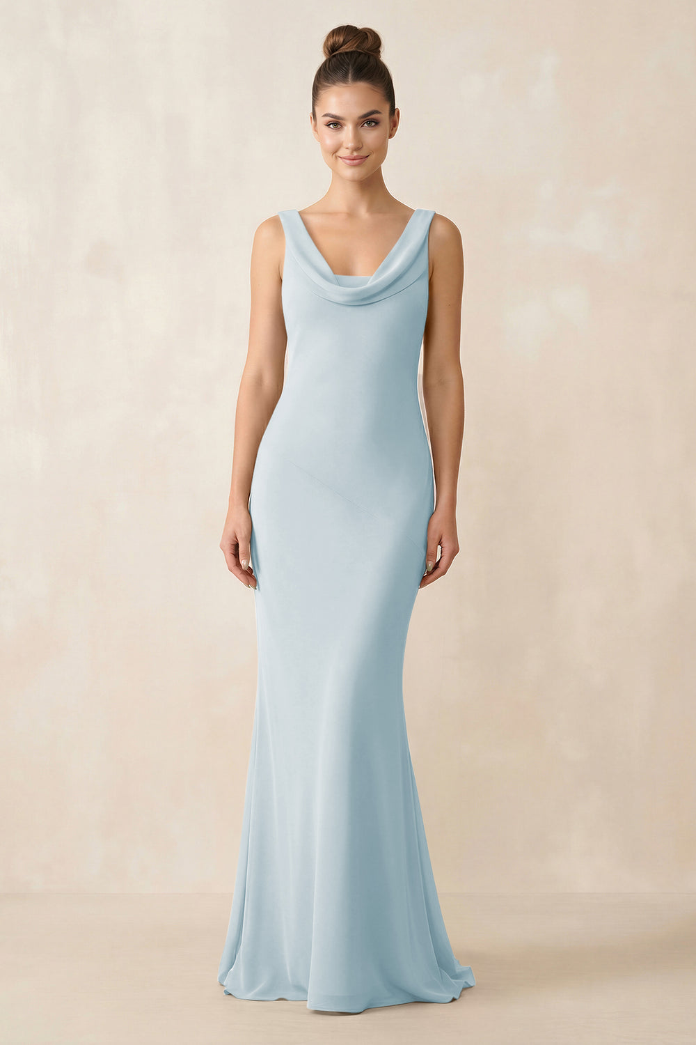Cowl Neck Sheath Chiffon Bridesmaid Dress in Sky Blue
