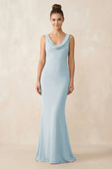 Cowl Neck Sheath Chiffon Bridesmaid Dress in Sky Blue | KISSBRIDAL