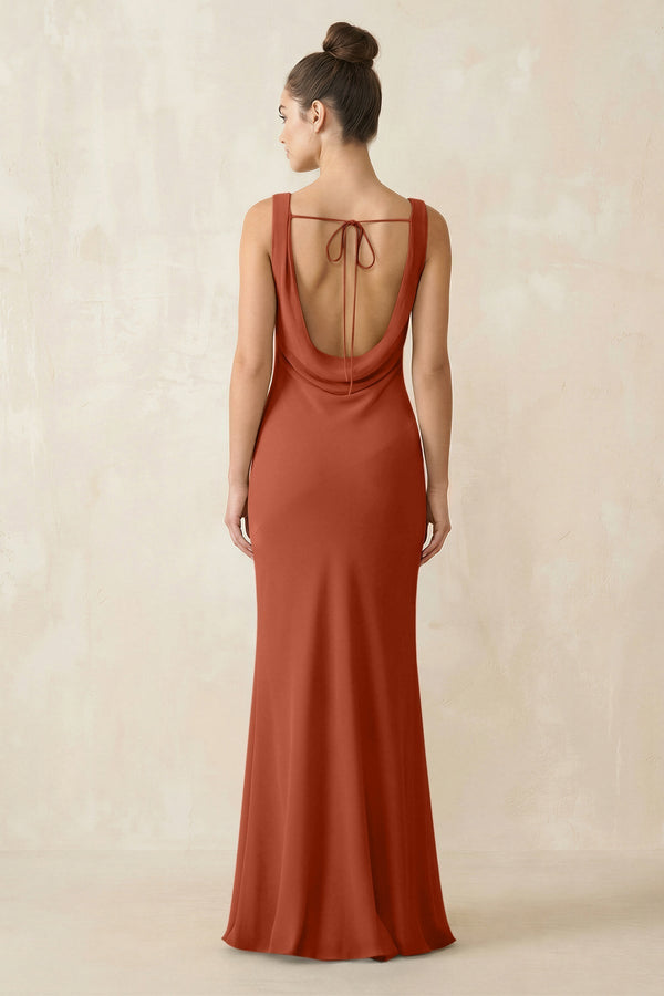 Cowl Neck Sheath Chiffon Bridesmaid Dress in Spice - KISS BRIDAL Bridesmaid Dresses