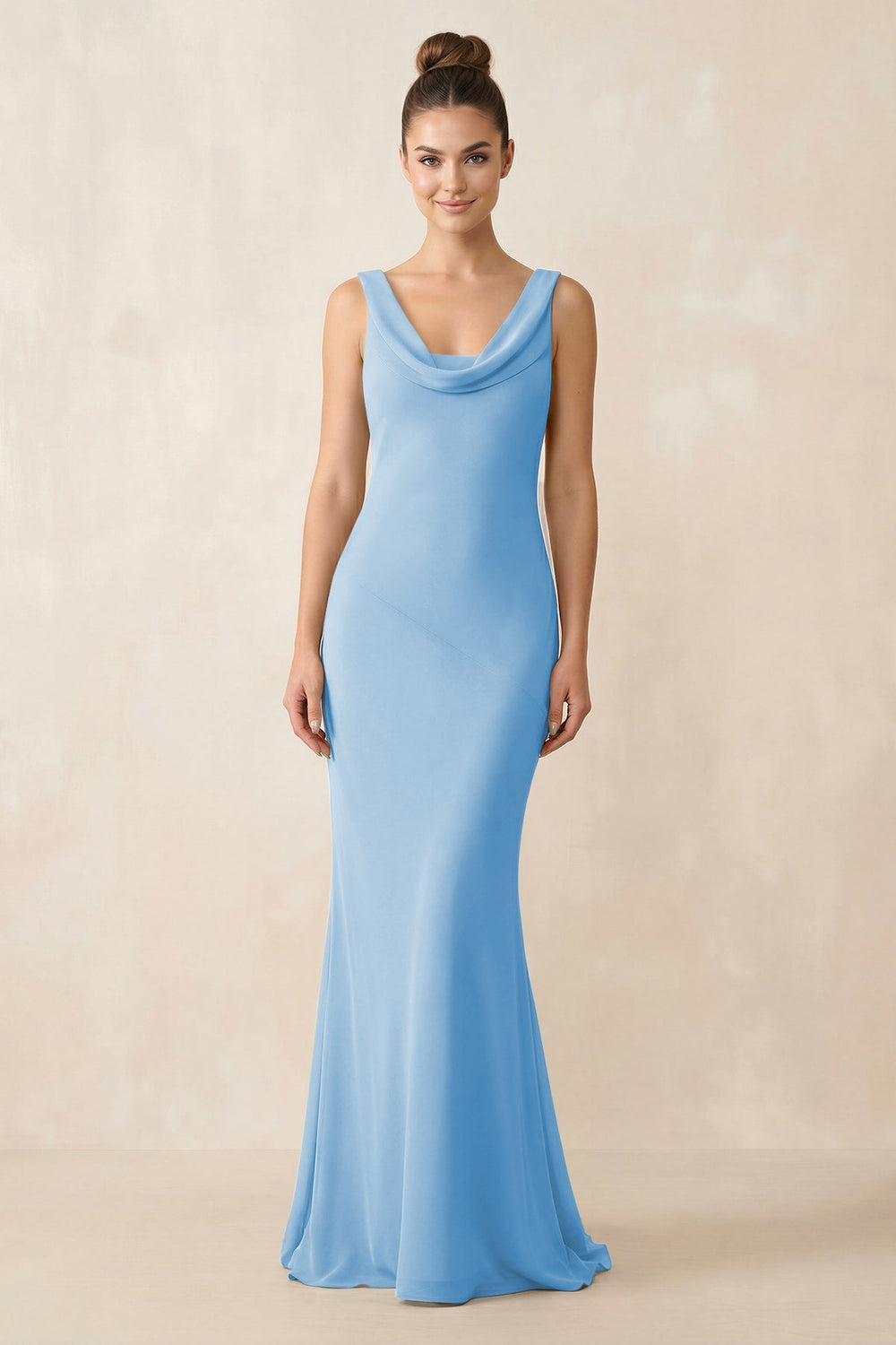 Cowl Neck Sheath Chiffon Bridesmaid Dress in Steel Blue - KISS BRIDAL Bridesmaid Dresses