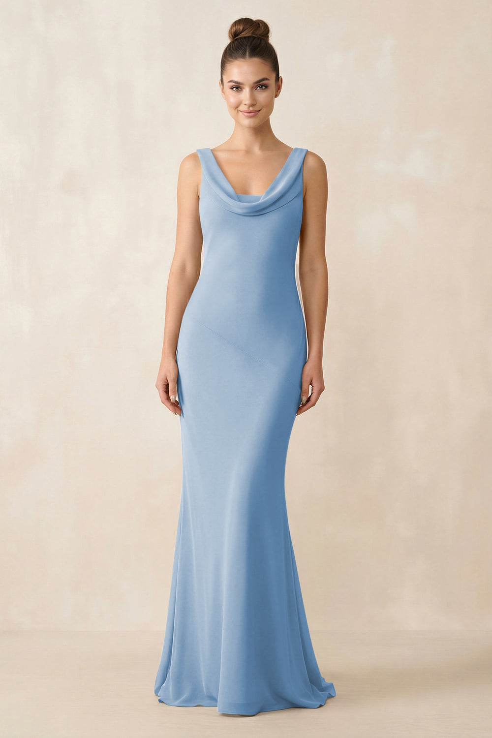 Cowl Neck Sheath Chiffon Bridesmaid Dress in Steel Blue