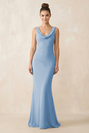 Cowl Neck Sheath Chiffon Bridesmaid Dress in Steel Blue | KISSBRIDAL
