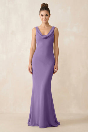Cowl Neck Sheath Chiffon Bridesmaid Dress in Tahiti - KISS BRIDAL Bridesmaid Dresses