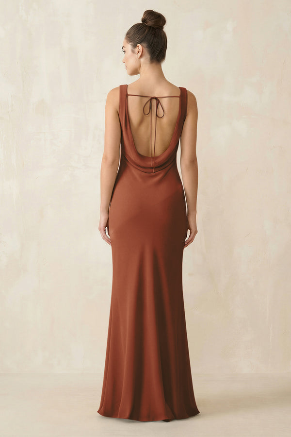 Cowl Neck Sheath Chiffon Bridesmaid Dress in Terracotta (2) | KISSBRIDAL