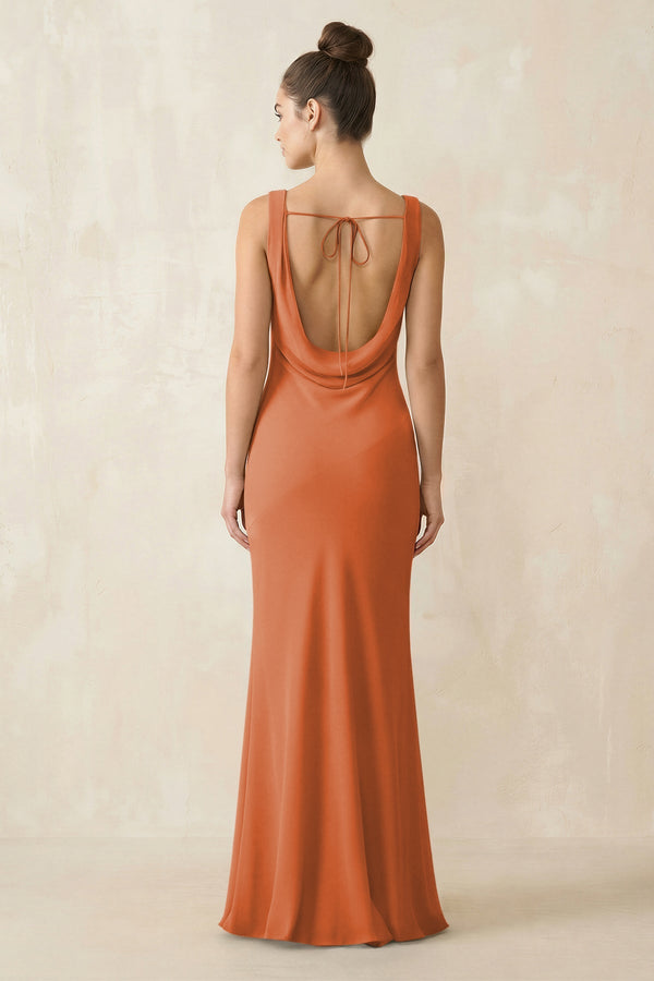 Cowl Neck Sheath Chiffon Bridesmaid Dress in Terracotta - KISS BRIDAL Bridesmaid Dresses