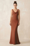 Cowl Neck Sheath Chiffon Bridesmaid Dress in Terracotta | KISSBRIDAL