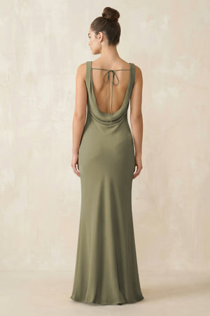 Cowl Neck Sheath Chiffon Bridesmaid Dress in Thyme (2) | KISSBRIDAL
