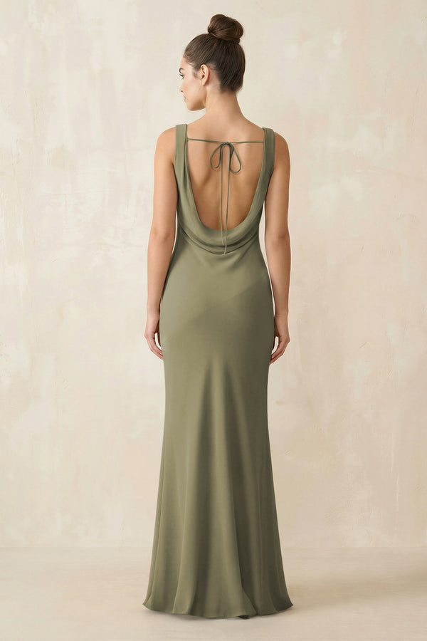 Cowl Neck Sheath Chiffon Bridesmaid Dress in Thyme (2) | KISSBRIDAL