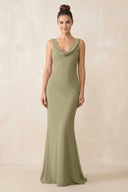 Cowl Neck Sheath Chiffon Bridesmaid Dress in Thyme - KISS BRIDAL Bridesmaid Dresses