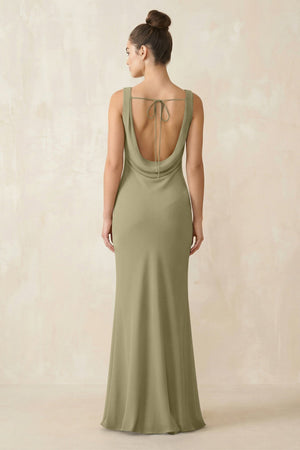 Cowl Neck Sheath Chiffon Bridesmaid Dress in Thyme - KISS BRIDAL Bridesmaid Dresses