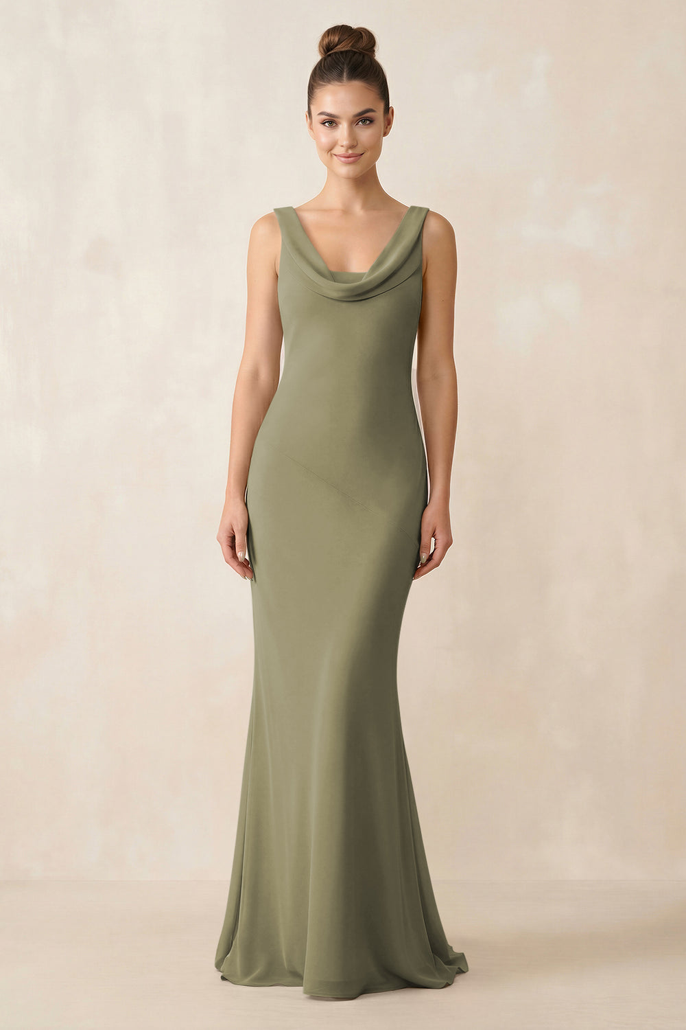 Cowl Neck Sheath Chiffon Bridesmaid Dress in Thyme