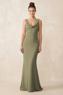 Cowl Neck Sheath Chiffon Bridesmaid Dress in Thyme | KISSBRIDAL