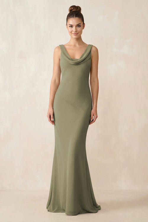 Cowl Neck Sheath Chiffon Bridesmaid Dress in Thyme | KISSBRIDAL