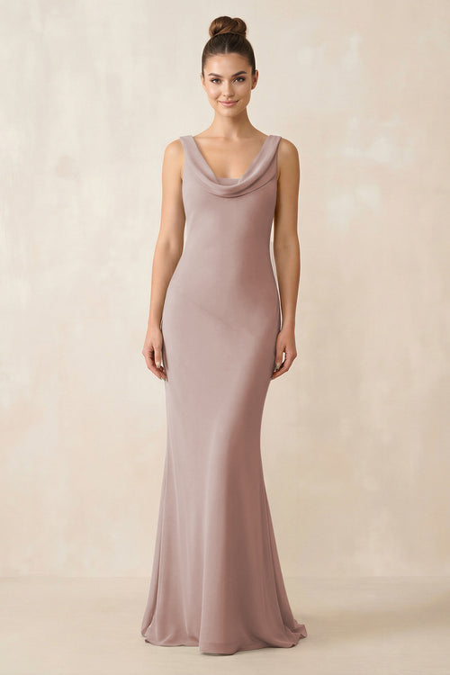 Cowl Neck Sheath Chiffon Bridesmaid Dress in Toffee | KISSBRIDAL